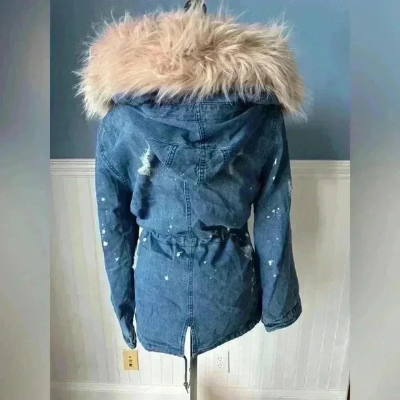 NWT Avec Les Filles Distressed Faux Fur Lined Denim Anorak ~ Large - Picture 10 of 11